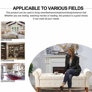 English Elm 62" Tufted Button Storage Bench with Solid Wood Feet, Modern Fabric Ottoman for Entryway Seating and Bedroom Elegance Beige W1853112515