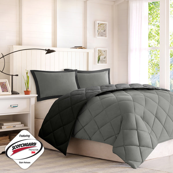 English Elm Twin/Twin Plush Madison Park Larkspur 3M Scotchgard Diamond Quilted Reversible Down Alternative Set Black+Grey 18.9 L x 9.45 W x 9.06 H B03595024