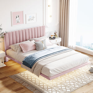 English Elm Queen Upholstered Platform Bed with Motion Sensor Light, Floating Velvet Headboard, Solid Frame Design Pink WF305618AAH