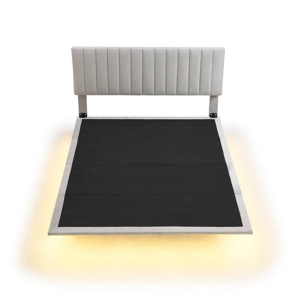 English Elm Queen Upholstered Platform Bed with Motion Sensor Light, Floating Velvet Headboard, Solid Frame Design Gray WF305618AAE