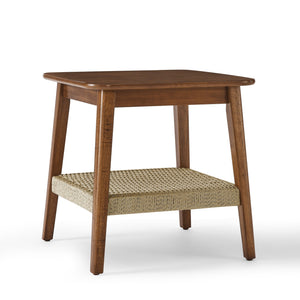 English Elm 23" Mid-Century Side Table with Rattan Shelf, Dark Walnut Finish, Solid Wood Legs, Boho Storage Nightstand W1801P290025