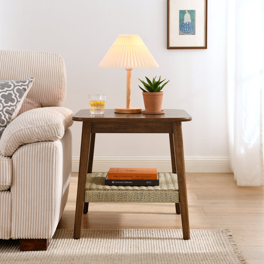 English Elm 23" Mid-Century Side Table with Rattan Shelf, Dark Walnut Finish, Solid Wood Legs, Boho Storage Nightstand W1801P290025
