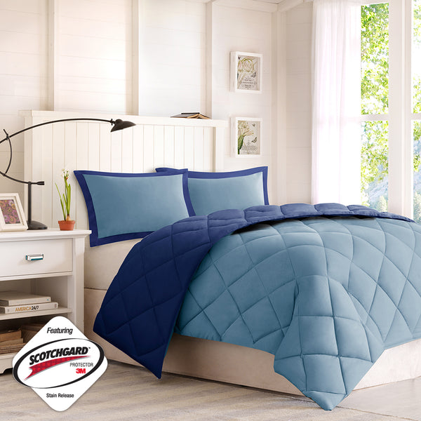 English Elm Twin/Twin Plush Madison Park Larkspur 3M Scotchgard Diamond Quilted Reversible Down Alternative Set Navy+Light Blue 18.9 L x 9.45 W x 9.06 H B03595021