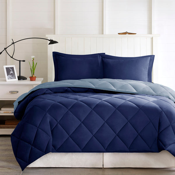 English Elm King Madison Park Larkspur 3M Scotchgard Diamond Quilted Reversible Down Alternative Comforter Set with Stain-Resistant, Machine-Washable Soft Microfiber and Even Warmth Distribution Navy+Light Blue 20.28 L x 17.13 W x 10.24 H B03595023
