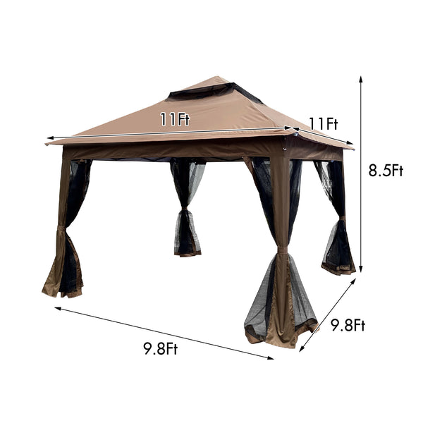 English Elm Outdoor 11x11 Ft Gazebo Canopy with Double-Tier Ventilated Roof, Removable Mesh, Sandbags Brown W419104362