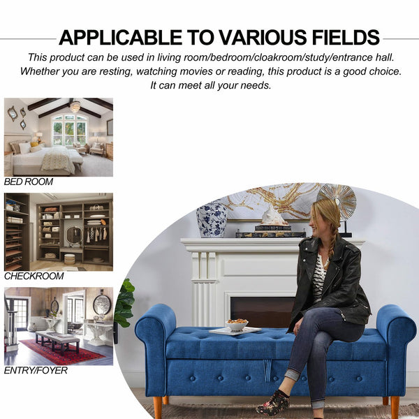 English Elm 62" Tufted Button Storage Bench with Solid Wood Feet, Modern Fabric Ottoman for Entryway Seating and Bedroom Elegance Blue W1853112514