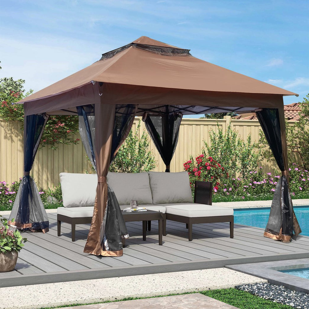 English Elm Outdoor 11x11 Ft Gazebo Canopy with Double-Tier Ventilated Roof, Removable Mesh, Sandbags Brown W419104362