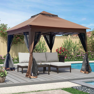 English Elm Outdoor 11x11 Ft Gazebo Canopy with Double-Tier Ventilated Roof, Removable Mesh, Sandbags Brown W419104362
