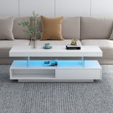 English Elm Led Coffee Table With Storage, Modern Center Table With 2 Drawers and Display Shelves, Accent Furniture With Led Lights For Living Room,White