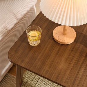 English Elm 23" Mid-Century Side Table with Rattan Shelf, Dark Walnut Finish, Solid Wood Legs, Boho Storage Nightstand W1801P290025