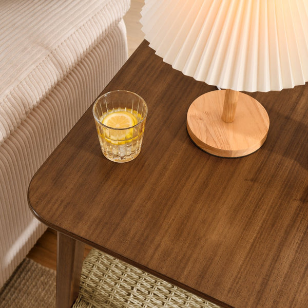 English Elm 23" Mid-Century Side Table with Rattan Shelf, Dark Walnut Finish, Solid Wood Legs, Boho Storage Nightstand W1801P290025