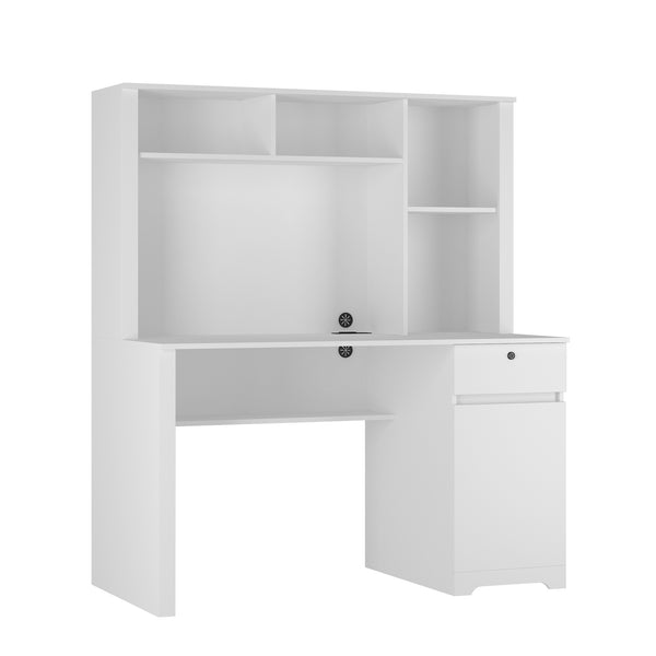 English Elm Computer Desk with Hutch & Bookshelf White MDF — Spacious Executive Study Desk w/ Lockable Drawer, 3 AC & 2 USB Ports, Monitor Stand, Easy Assembly W1321P178183