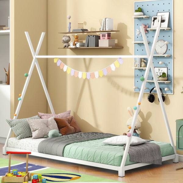 English Elm Metal Twin House Platform Bed with Sturdy Triangle Frame, Low Profile Kids' Cozy Playful Sleep Space White WF307193AAK