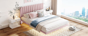 English Elm Queen Upholstered Platform Bed with Motion Sensor Light, Floating Velvet Headboard, Solid Frame Design Pink WF305618AAH