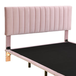 English Elm Queen Upholstered Platform Bed with Motion Sensor Light, Floating Velvet Headboard, Solid Frame Design Pink WF305618AAH