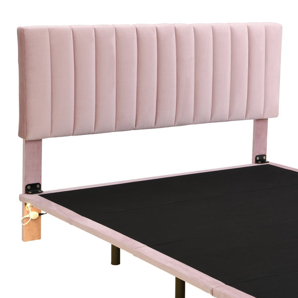 English Elm Queen Upholstered Platform Bed with Motion Sensor Light, Floating Velvet Headboard, Solid Frame Design Pink WF305618AAH