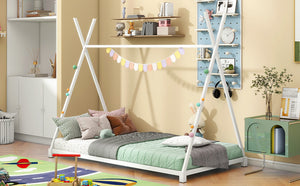 English Elm Metal Twin House Platform Bed with Sturdy Triangle Frame, Low Profile Kids' Cozy Playful Sleep Space White WF307193AAK