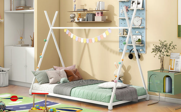 English Elm Metal Twin House Platform Bed with Sturdy Triangle Frame, Low Profile Kids' Cozy Playful Sleep Space White WF307193AAK