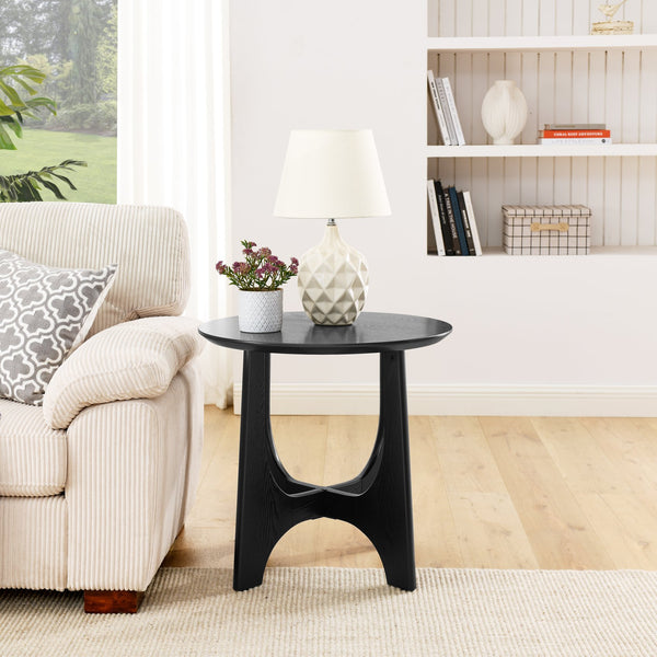 English Elm 25" Round End Table with Brushed Black Wood Grain Top, Cross-Design Legs, Adjustable Feet, Modern Accent W1801109474