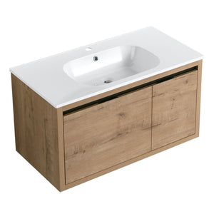 English Elm 36 Inch Floating Bathroom Vanity with Gel Basin, Soft-Close Doors & Drawers, Water-Resistant Ply Finish W99990145