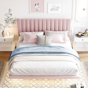 English Elm Queen Upholstered Platform Bed with Motion Sensor Light, Floating Velvet Headboard, Solid Frame Design Pink WF305618AAH