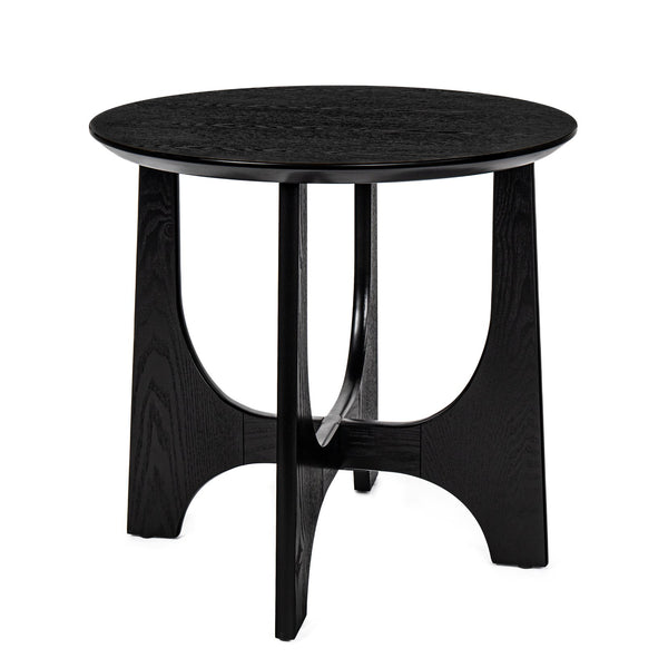 English Elm 25" Round End Table with Brushed Black Wood Grain Top, Cross-Design Legs, Adjustable Feet, Modern Accent W1801109474