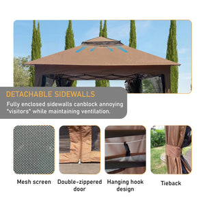 English Elm Outdoor 11x11 Ft Gazebo Canopy with Double-Tier Ventilated Roof, Removable Mesh, Sandbags Brown W419104362