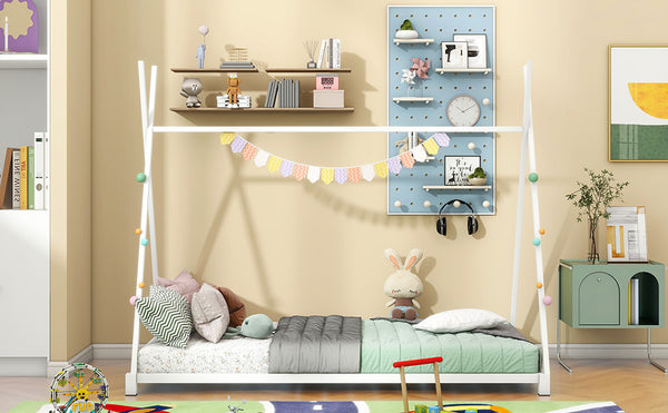 English Elm Metal Twin House Platform Bed with Sturdy Triangle Frame, Low Profile Kids' Cozy Playful Sleep Space White WF307193AAK