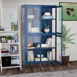 English Elm Four Glass Door Storage Cabinet With Adjustable Shelves and Feet Cold-Rolled Steel Sideboard Furniture For Living Room Kitchen Blue