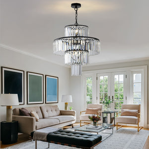 English Elm 20" Modern Crystal Chandelier Black Finish, 4-Tier K9 Crystal Pendant Light for Dining Foyer W1340102266