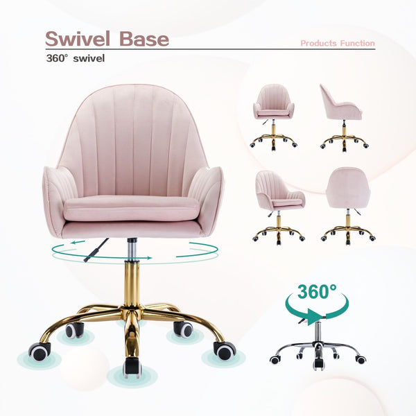 English Elm Velvet Swivel Desk Chair Pink Glam Gold Base Cushioned Seat for Vanity or Office W1733110162