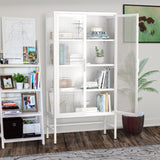 English Elm Double Glass Door Storage Cabinet With Adjustable Shelves and Feet Cold-Rolled Steel Sideboard Furniture For Living Room Kitchen White