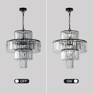 English Elm 20" Modern Crystal Chandelier Black Finish, 4-Tier K9 Crystal Pendant Light for Dining Foyer W1340102266