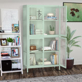 English Elm Four Glass Door Storage Cabinet With Adjustable Shelves and Feet Cold-Rolled Steel Sideboard Furniture For Living Room Kitchen Mint Green