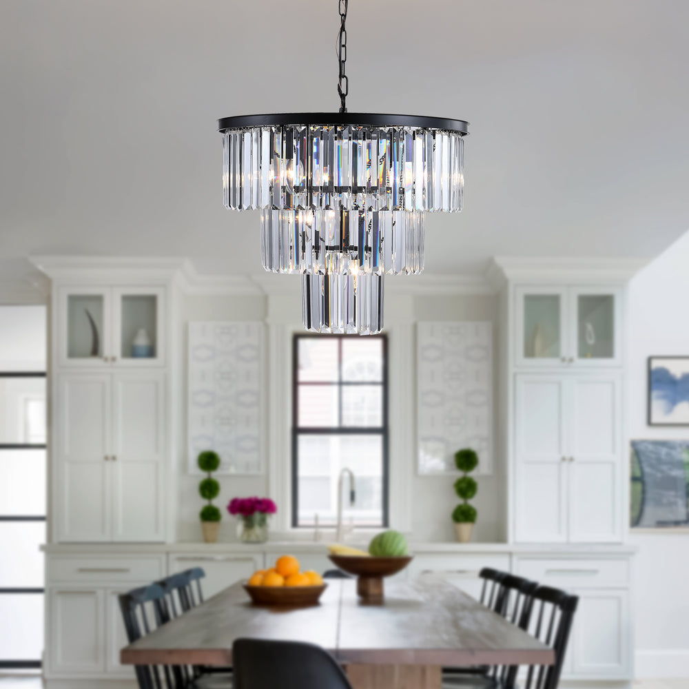 English Elm (Same As W1340102277/L5007) 20" 3-Tier Crystal Chandelier, 7-Light Black Frame Pendant For Luxe Interiors W1340P189315
