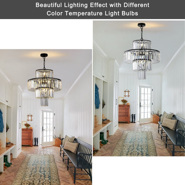 English Elm 20" Modern Crystal Chandelier Black Finish, 4-Tier K9 Crystal Pendant Light for Dining Foyer W1340102266