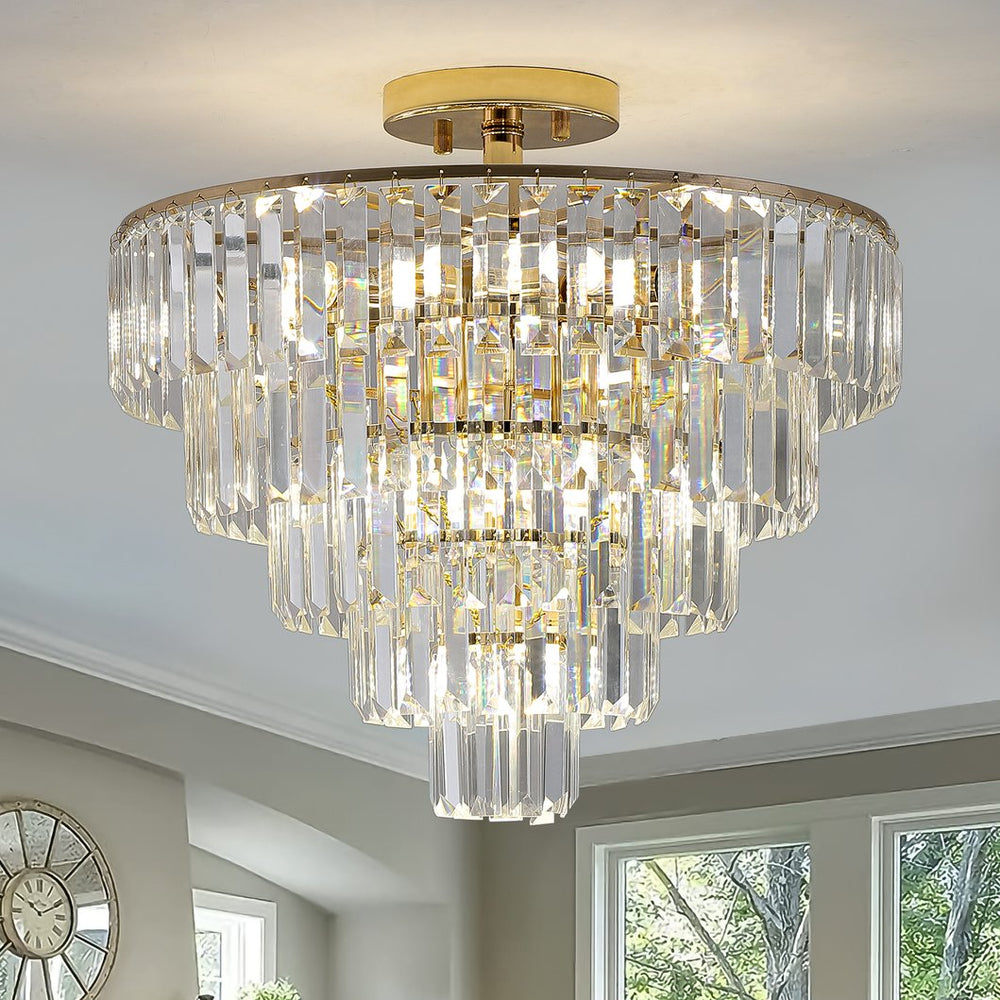 English Elm (Same As W1340102252/L5001) Gold Crystal Chandelier - 5-Tier Semi Flush Mount Fixture For Luxe Interiors W1340P189283