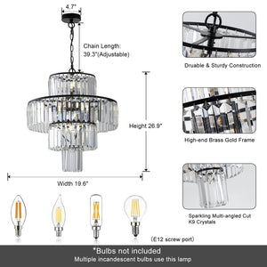 English Elm 20" Modern Crystal Chandelier Black Finish, 4-Tier K9 Crystal Pendant Light for Dining Foyer W1340102266