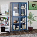 English Elm Four Glass Door Storage Cabinet With Adjustable Shelves and Feet Cold-Rolled Steel Sideboard Furniture For Living Room Kitchen Blue