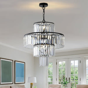 English Elm 20" Modern Crystal Chandelier Black Finish, 4-Tier K9 Crystal Pendant Light for Dining Foyer W1340102266