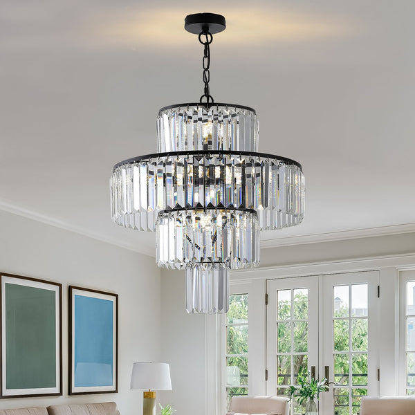 English Elm 20" Modern Crystal Chandelier Black Finish, 4-Tier K9 Crystal Pendant Light for Dining Foyer W1340102266