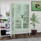 English Elm Double Glass Door Storage Cabinet With Adjustable Shelves and Feet Cold-Rolled Steel Sideboard Furniture For Living Room Kitchen Mint Green