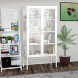 English Elm Double Glass Door Storage Cabinet With Adjustable Shelves and Feet Cold-Rolled Steel Sideboard Furniture For Living Room Kitchen White