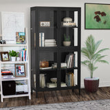 English Elm Four Glass Door Storage Cabinet With Adjustable Shelves and Feet Cold-Rolled Steel Sideboard Furniture For Living Room Kitchen Black