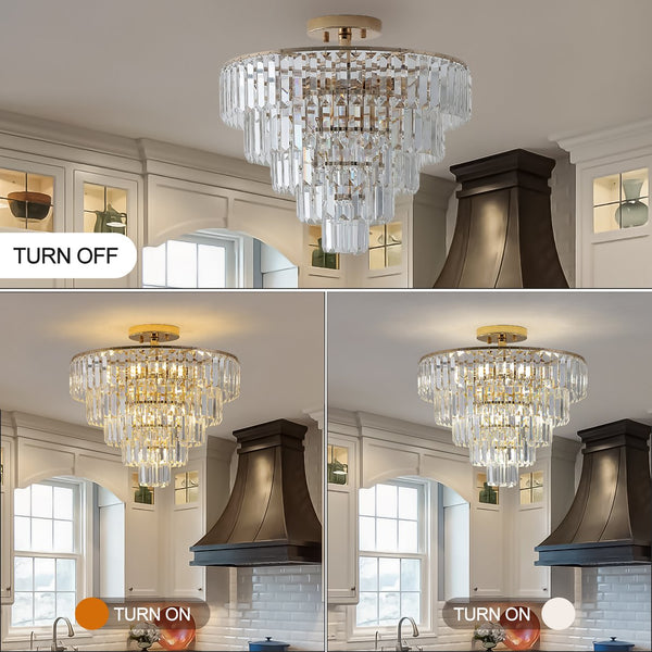 English Elm (Same As W1340102252/L5001) Gold Crystal Chandelier - 5-Tier Semi Flush Mount Fixture For Luxe Interiors W1340P189283