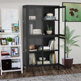 English Elm Four Glass Door Storage Cabinet With Adjustable Shelves and Feet Cold-Rolled Steel Sideboard Furniture For Living Room Kitchen Black