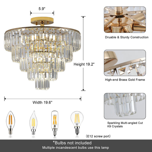 English Elm (Same As W1340102252/L5001) Gold Crystal Chandelier - 5-Tier Semi Flush Mount Fixture For Luxe Interiors W1340P189283
