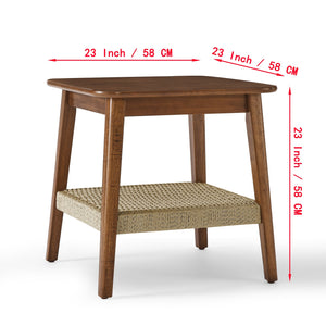 English Elm 23" Mid-Century Side Table with Rattan Shelf, Dark Walnut Finish, Solid Wood Legs, Boho Storage Nightstand W1801P290025