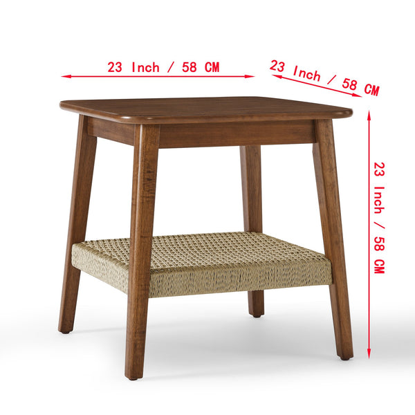 English Elm 23" Mid-Century Side Table with Rattan Shelf, Dark Walnut Finish, Solid Wood Legs, Boho Storage Nightstand W1801P290025