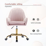 Hearth and Haven Velvet Home Office Chair with Wheels, Cute Chair with Side Arms and Gold Metal Base For Living Room, Bedroom, And Vanity Room, Bling Desk Nail Desk For Women, Adjustable Height, Pink W1733110162